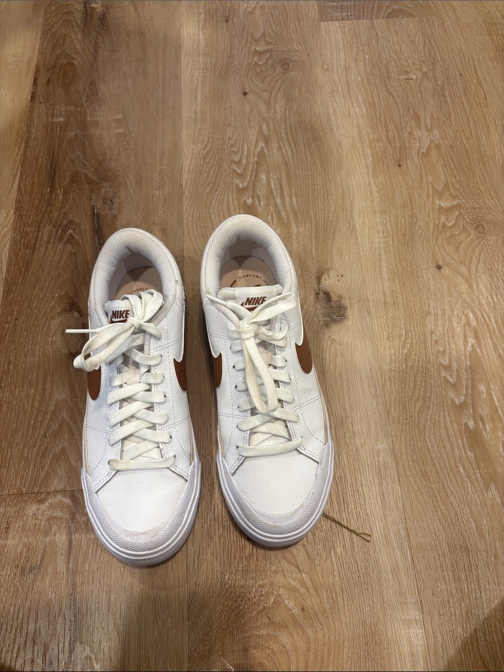 Nike Women’s White Platform Sneakers with Brown Swoosh - Picture 2 of 5